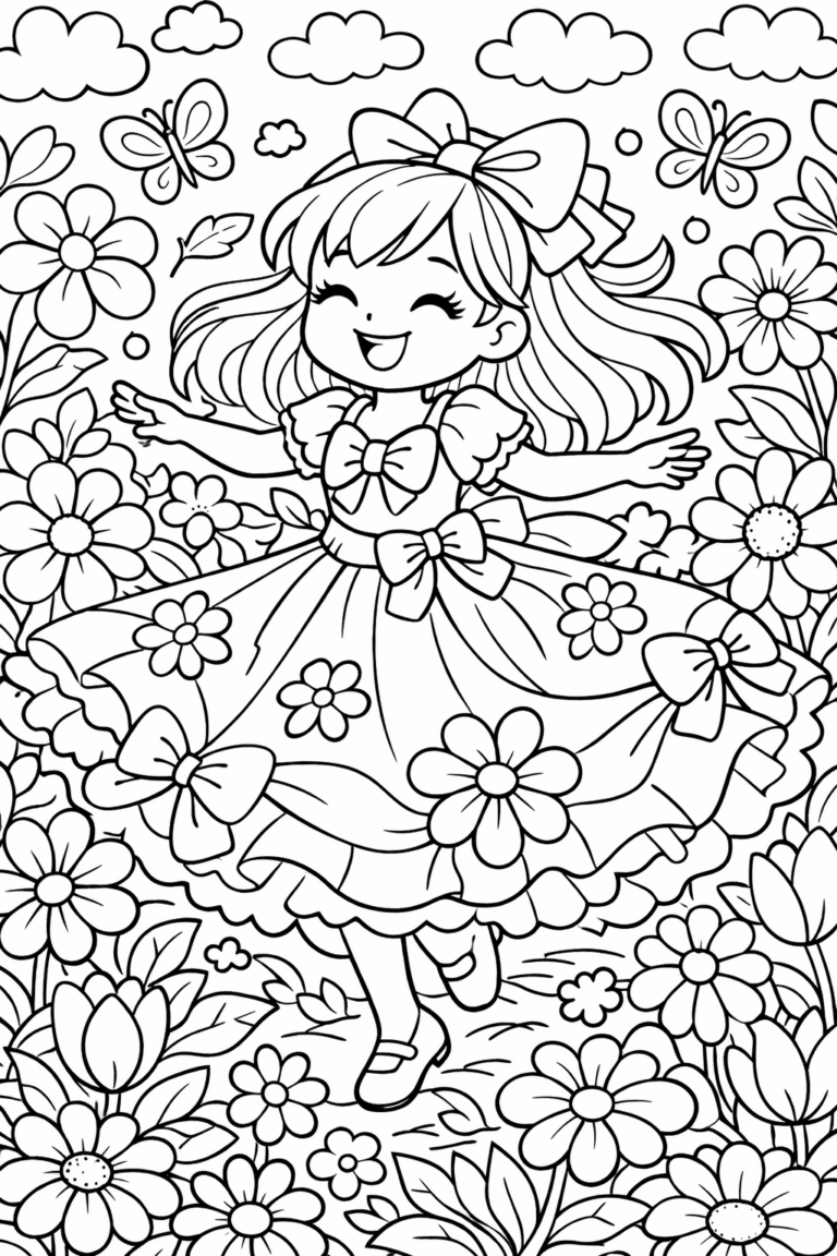Coloring page depicts a cheerful girl in a vibrant garden, surrounded by flowers and butterflies, radiating joy and capturing the essence of a lively spring day.