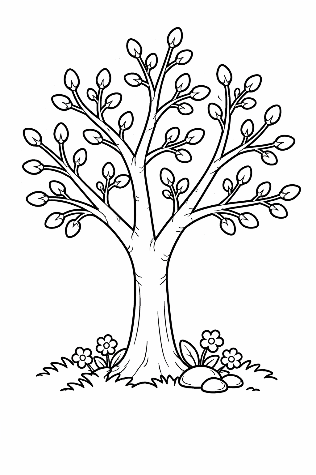 A detailed coloring page of a spring tree with budding branches, surrounded by blooming flowers and stones. Perfect for kids to color and explore nature through art.