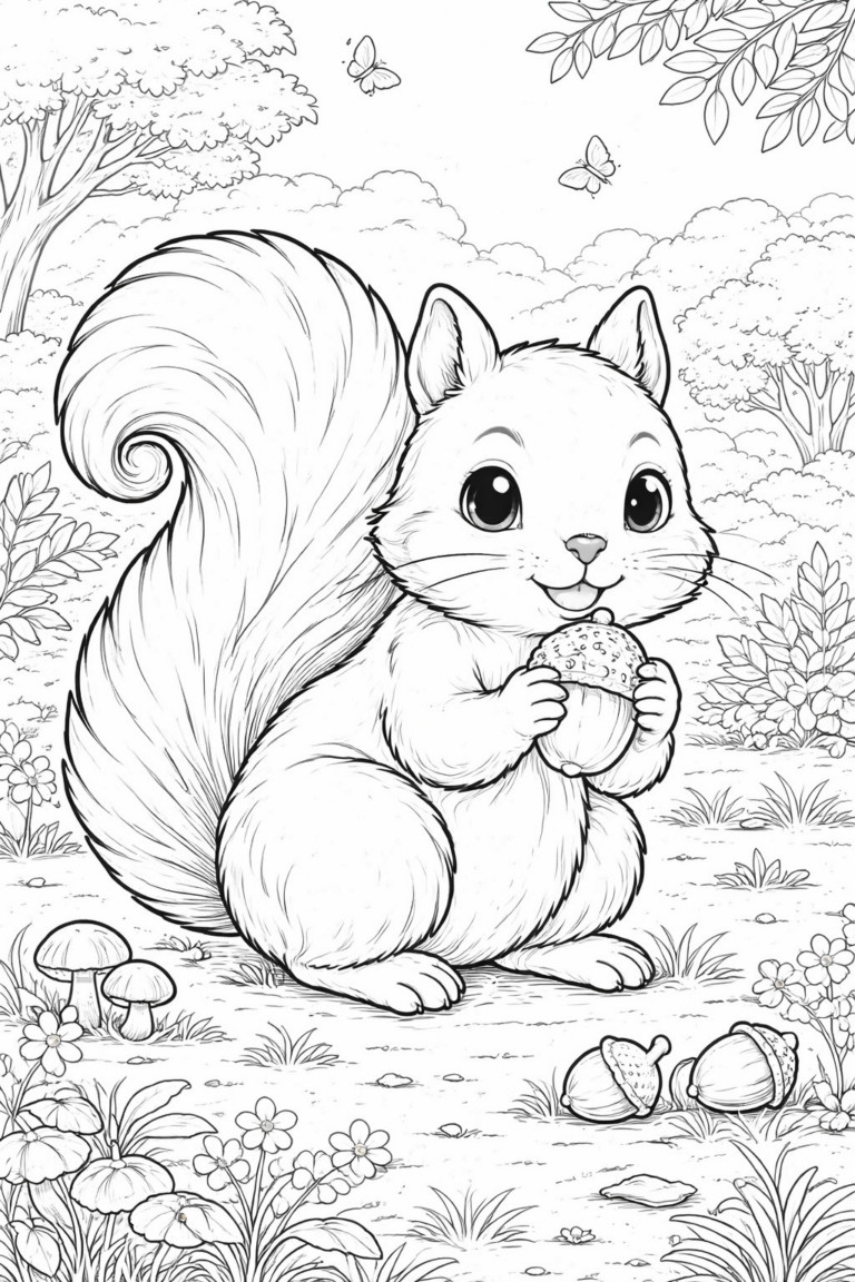A playful squirrel holding an acorn surrounded by forest elements like trees, mushrooms, and butterflies. This cute and enchanting scene invites children to use their favorite colors to bring the woodland adventure to life while enhancing creativity and imagination.