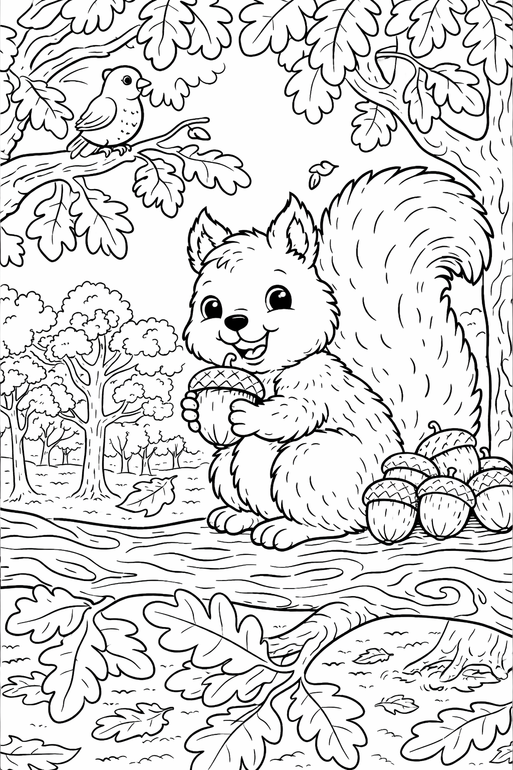 A delightful squirrel holds an acorn on a branch in this nature-themed coloring page. The scene includes a smiling squirrel, a perched bird, and an enchanting forest backdrop, perfect for creative coloring.