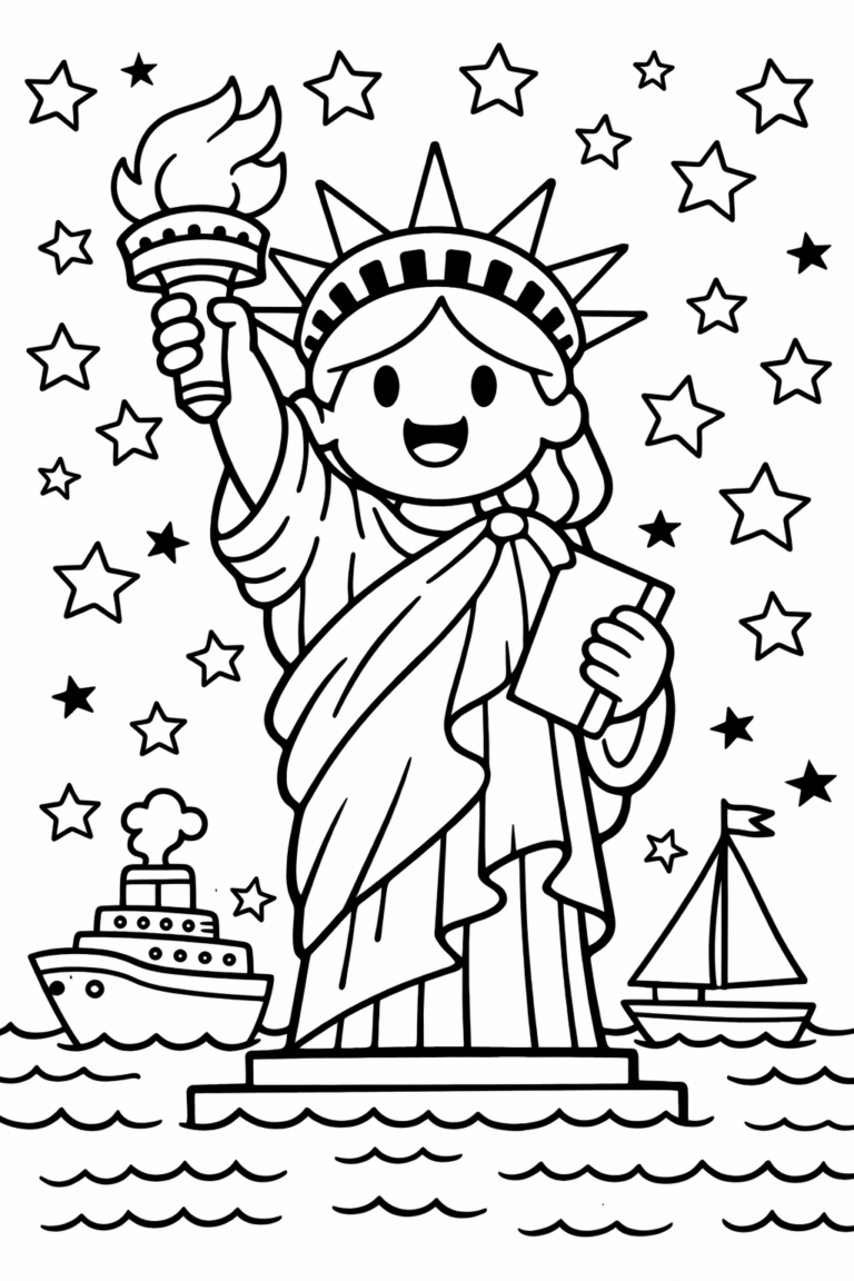 A charming coloring page of the Statue of Liberty holding a torch, with stars and boats in the background. Kids can enjoy coloring this iconic landmark and the surrounding elements, sparking their creativity and learning about famous landmarks.