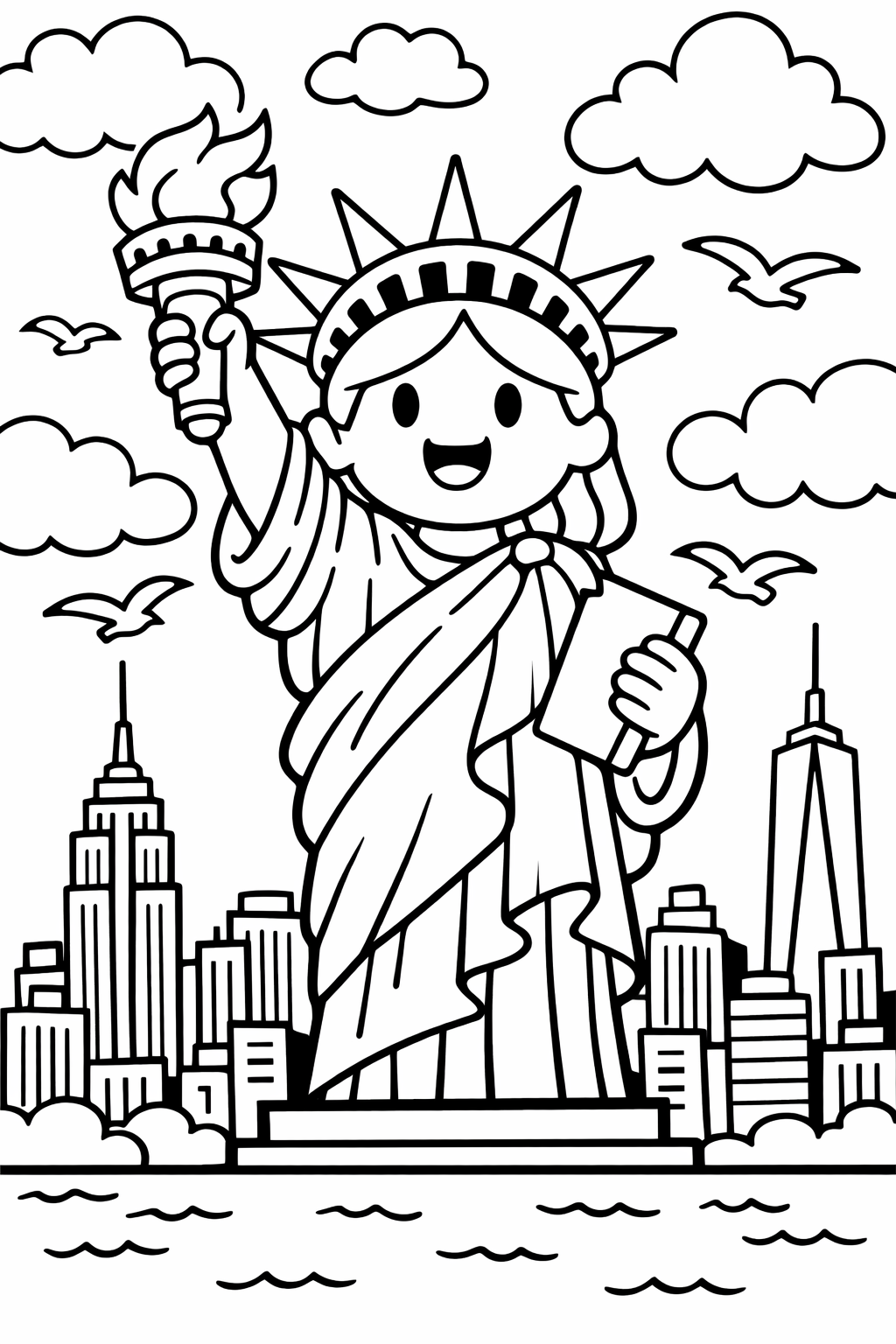 A delightful coloring page depicting a friendly Statue of Liberty with a city skyline, inviting children to add their creative colors to the scene.