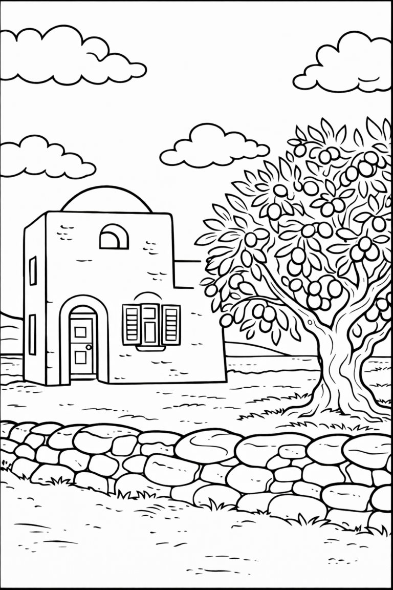 A charming coloring page depicting a rustic stone house and a lush tree filled with fruit in a serene countryside setting. Kids can enjoy coloring intricate details, from the stonework to the leaves and fruit.