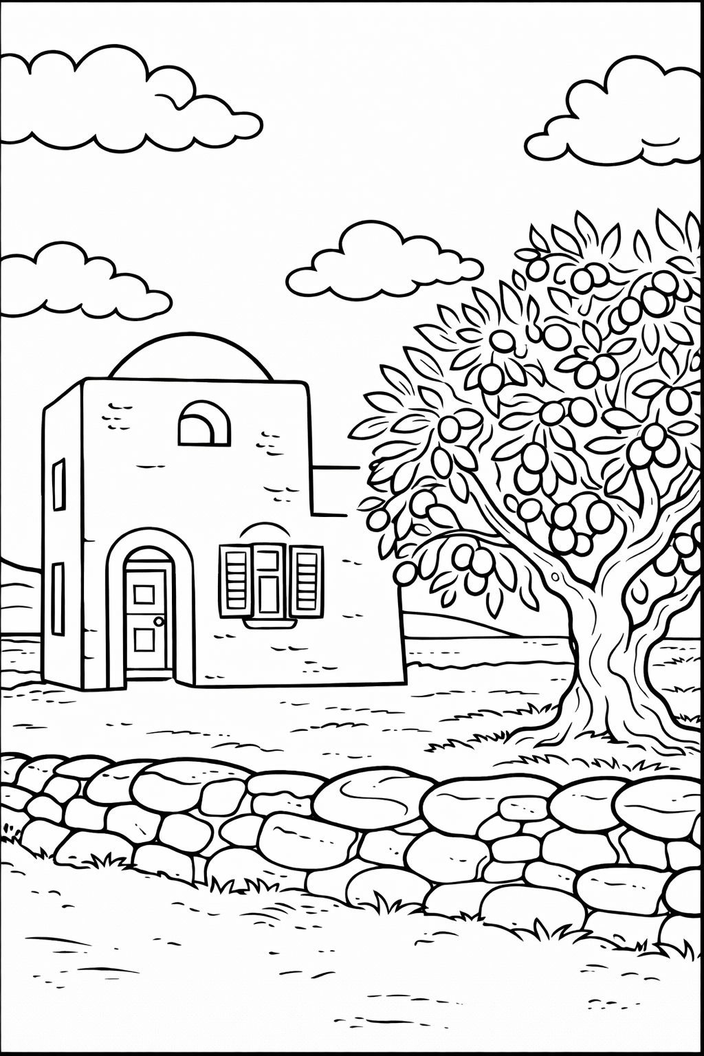 A charming coloring page depicting a rustic stone house and a lush tree filled with fruit in a serene countryside setting. Kids can enjoy coloring intricate details, from the stonework to the leaves and fruit.