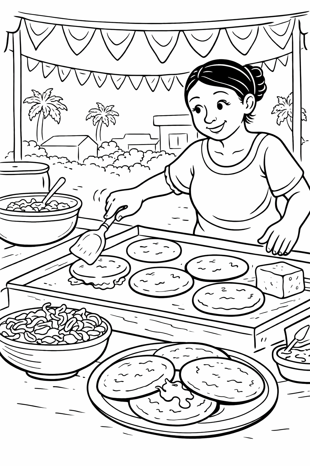 Illustration of a street food vendor preparing food, surrounded by various dishes and cooking utensils. The stall is set in an outdoor market, with festive decorations and palm trees in the background, providing an engaging scene for coloring.
