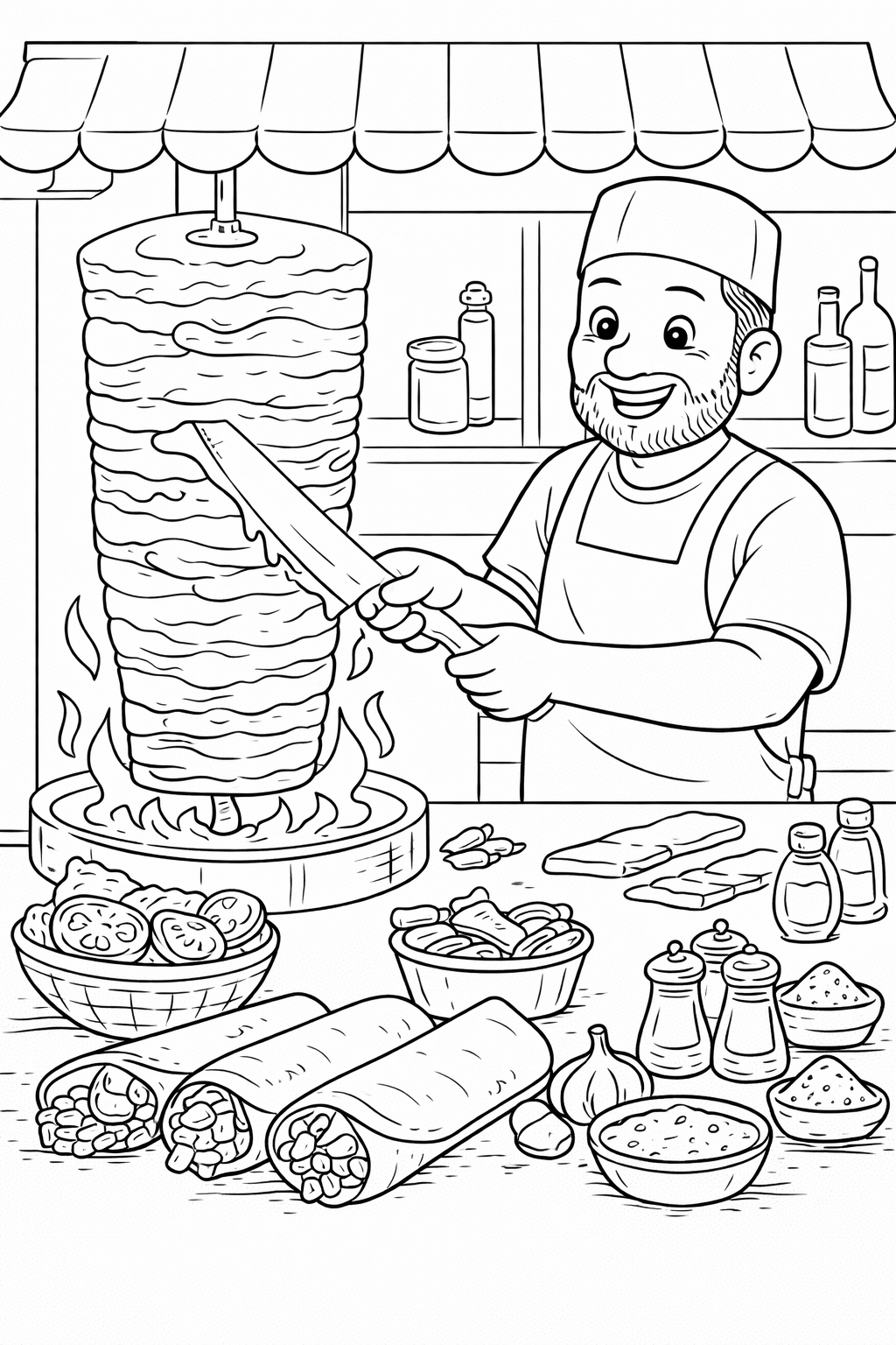 A joyful coloring page that shows a street food vendor surrounded by delightful food items, providing children with a fun and educational coloring experience centered around culinary arts.