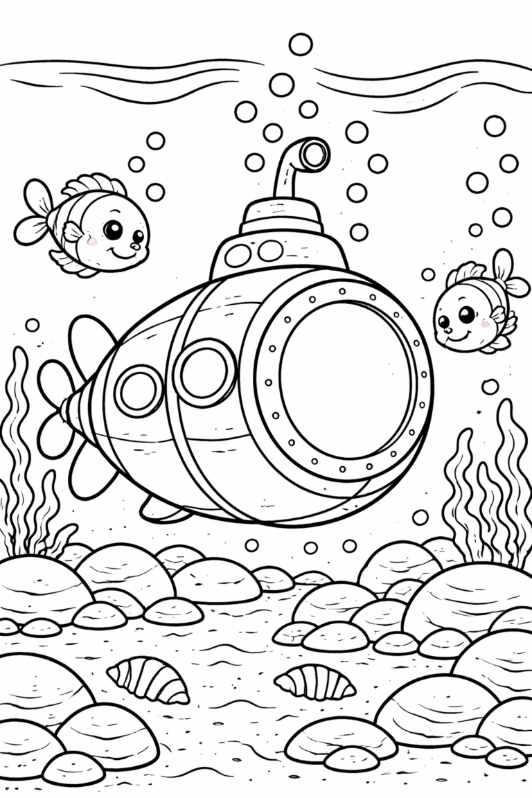 A delightful submarine adventure in the ocean. Charming fish swim alongside a whimsical submarine, surrounded by underwater scenery including rocks and sea plants. Perfect for children to color and enjoy.
