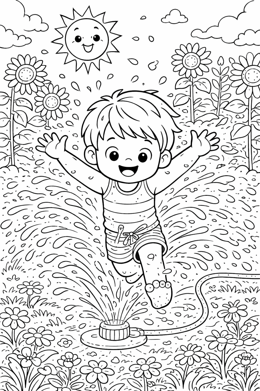 A joyful summer scene features a child playing in a garden. The child is happily jumping through water from a sprinkler, surrounded by flowers and sunflowers, with a smiling sun overhead.