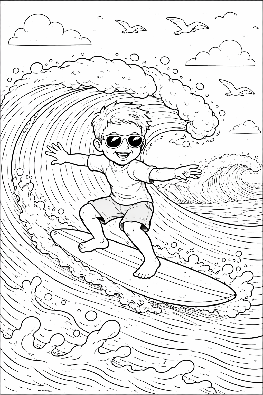 A child in sunglasses joyfully surfing a large wave, capturing the excitement and thrill of the ocean adventure, ready for children to color.