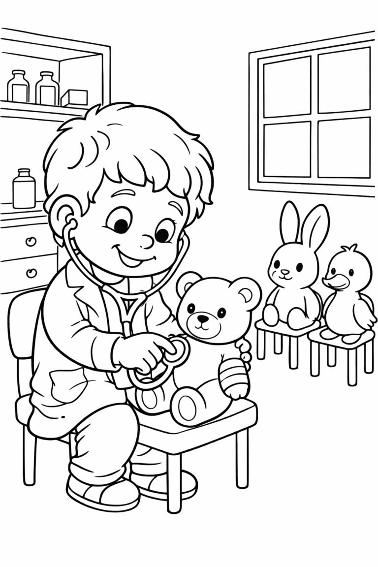 A young aspiring doctor uses a stethoscope on a teddy bear patient, with a rabbit and a duck observing in a playful scene.