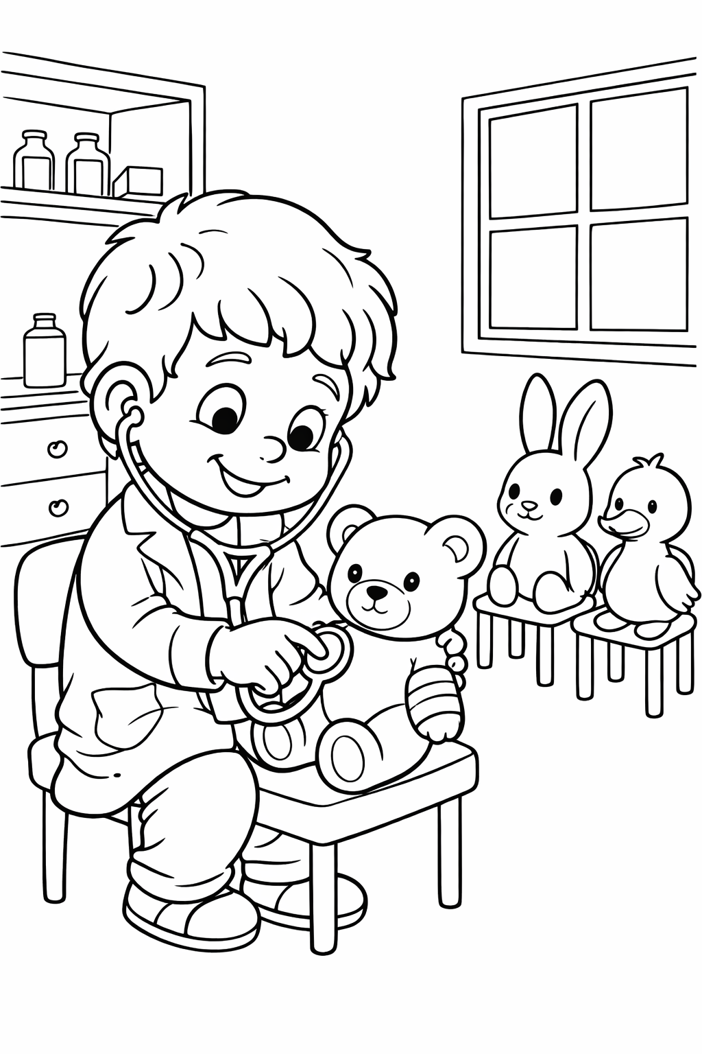 A young aspiring doctor uses a stethoscope on a teddy bear patient, with a rabbit and a duck observing in a playful scene.