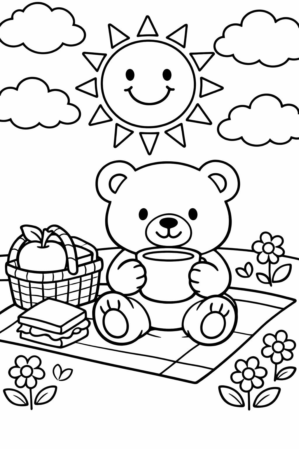A delightful coloring page with a teddy bear having a picnic under a happy sun, with flowers and a basket of snacks, perfect for children to color.