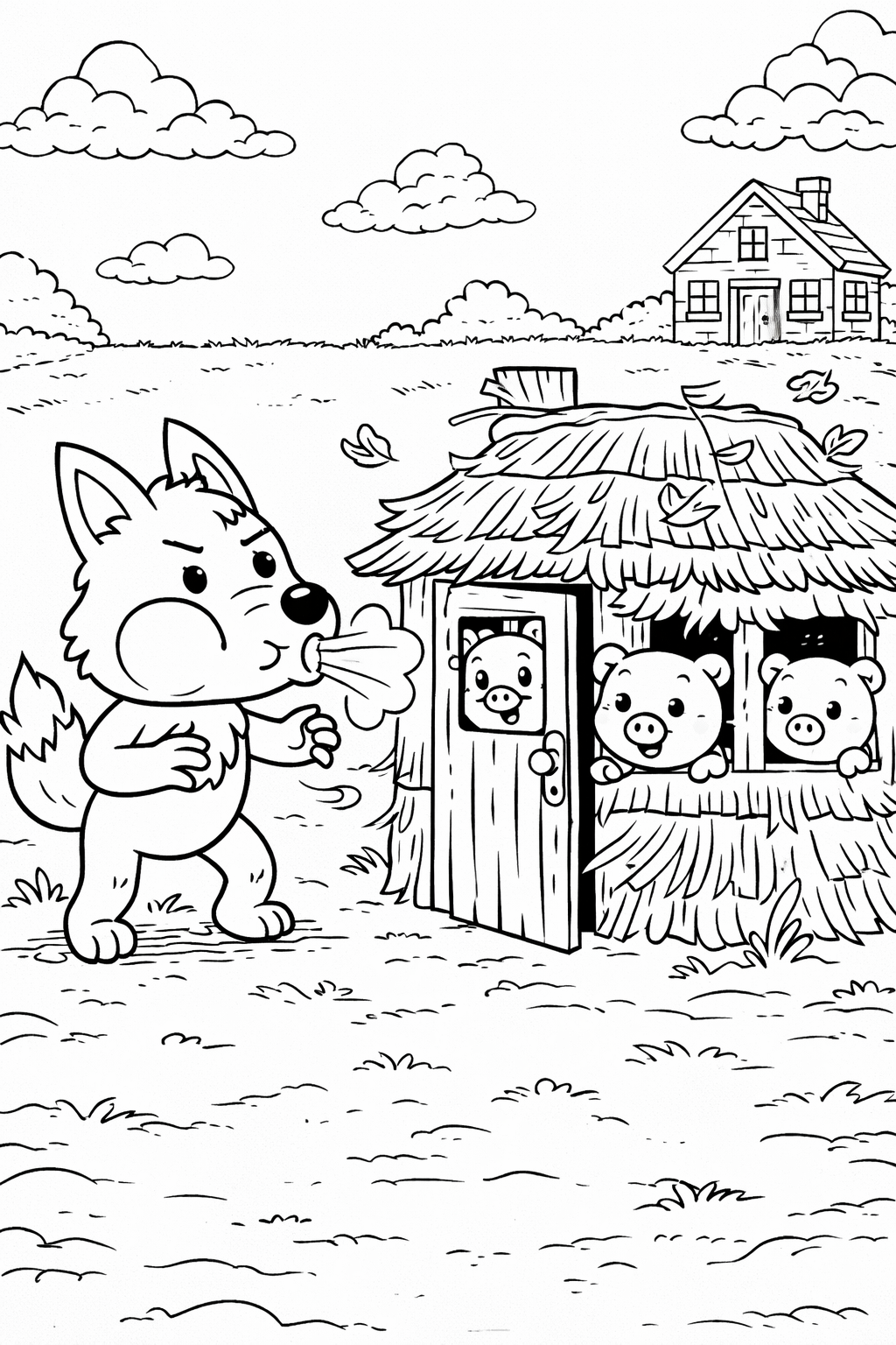 Color this lively scene of the Three Little Pigs in their straw house with the Big Bad Wolf trying to blow it down. A charming depiction from the classic tale set in a countryside backdrop.