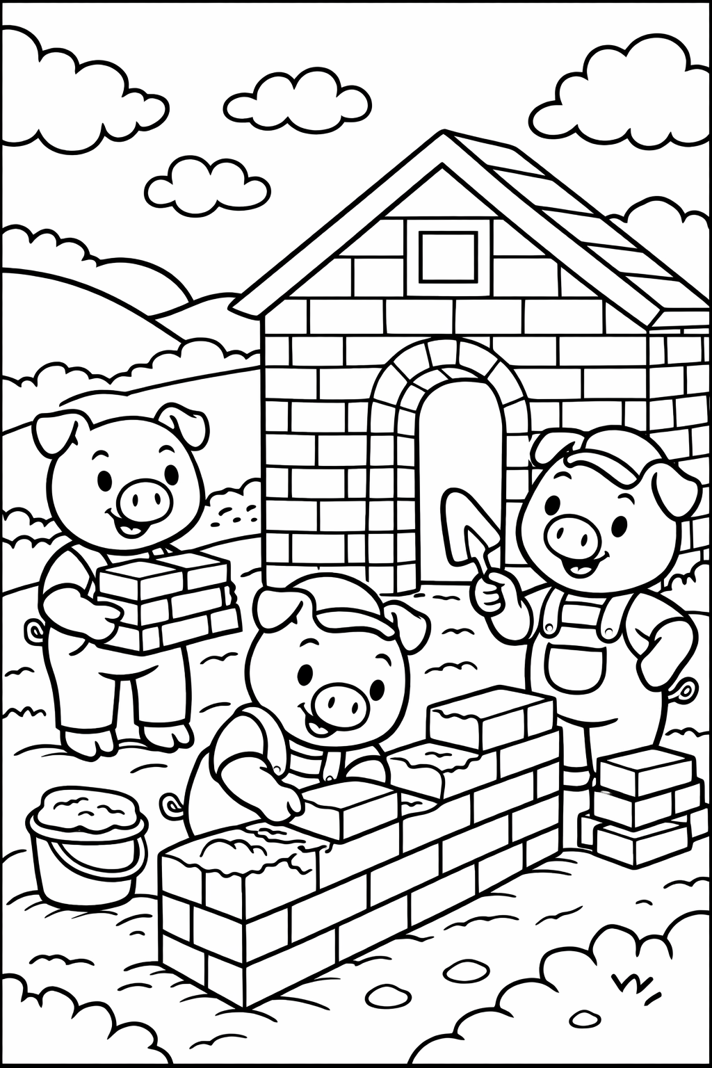 The coloring page shows the Three Little Pigs constructing a brick house. Details include pigs performing various tasks like carrying and laying bricks. The pigs are in a charming outdoor scene with hills and clouds.