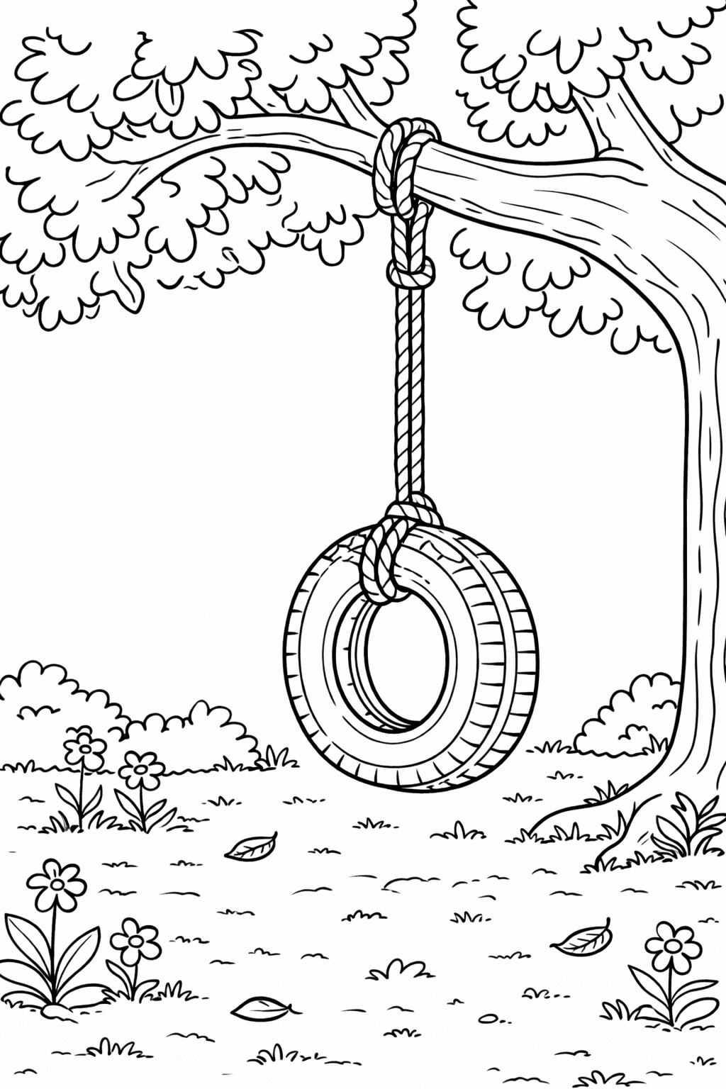 The coloring page displays a tire swing hanging from a strong leafy tree, with scattered flowers and leaves on the ground, presenting a peaceful outdoor scene for kids to color and enjoy.
