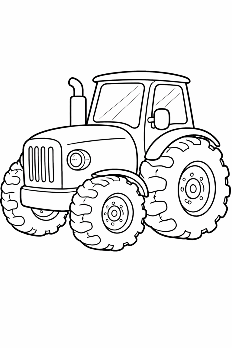 Black and white tractor illustration with large wheels and detailed design for a fun coloring experience for kids.