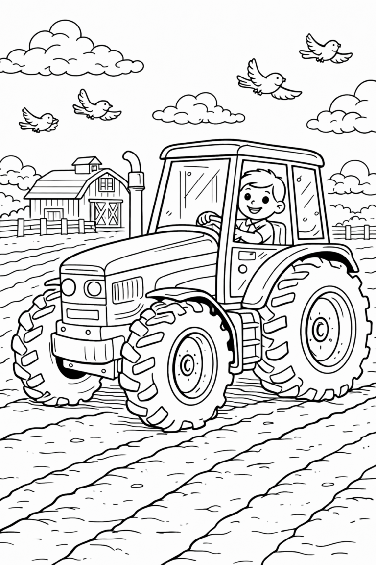 A cheerful child driving a large tractor in a farm setting, with birds flying overhead and a rustic barn in the background. Perfect for coloring enthusiasts who love farm scenes.