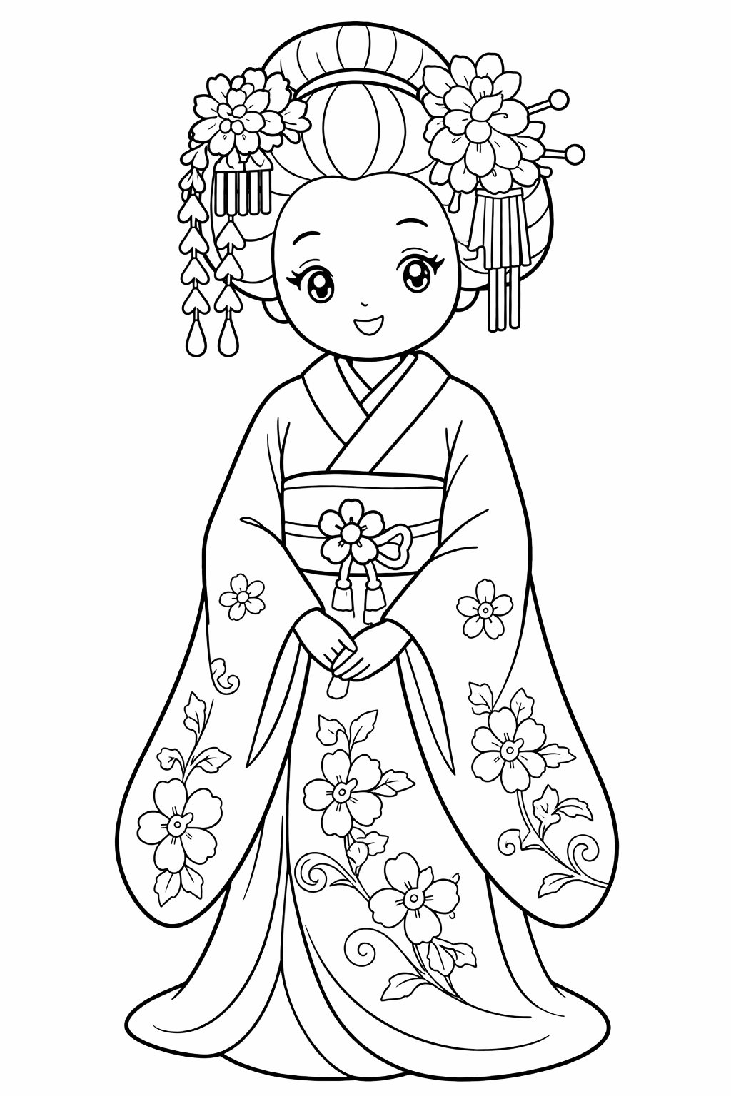 A detailed coloring page featuring a young character in traditional Asian attire, including a kimono decorated with intricate floral patterns. Ideal for cultural exploration and creative coloring activities that engage children in learning about traditional clothing styles.