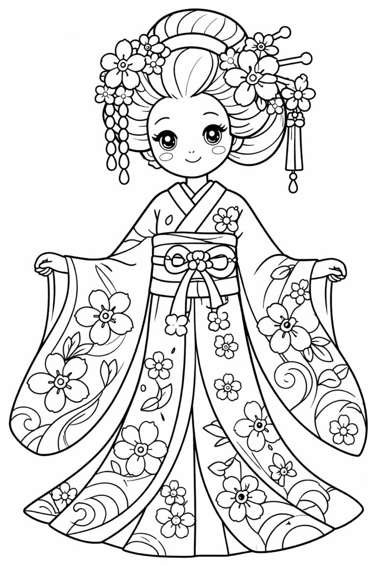 Coloring page featuring a character in a traditional kimono with intricate floral patterns. The character's calm pose invites creativity in coloring the detailed attire.