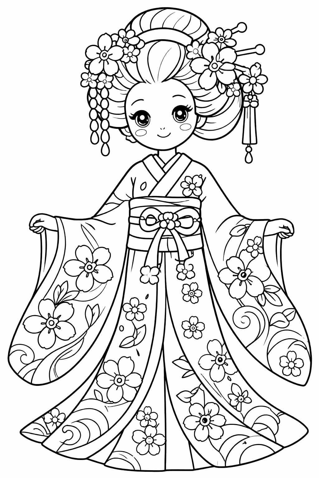 Coloring page featuring a character in a traditional kimono with intricate floral patterns. The character's calm pose invites creativity in coloring the detailed attire.