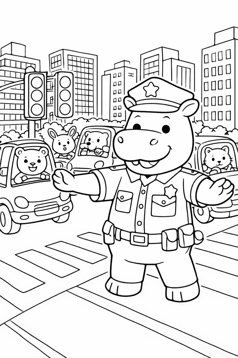 A cheerful coloring page depicts a hippo traffic officer guiding cartoon animals driving cars at a busy crosswalk in a city scene. This engaging image teaches children about traffic safety while offering a fun and educational coloring experience.