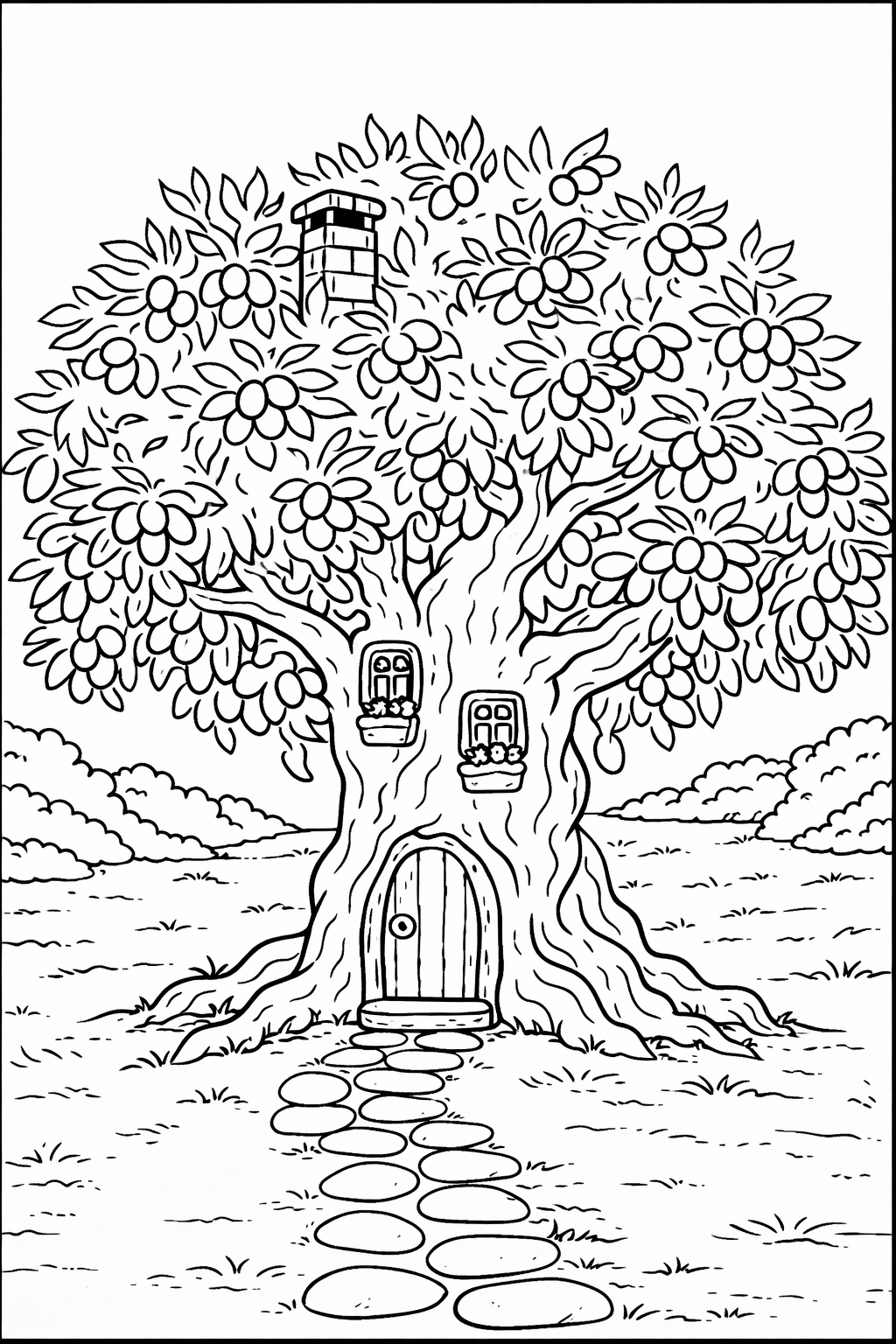 A magical tree house featuring a beckoning door, quaint windows, and a floral canopy set in a picturesque landscape for children to color.