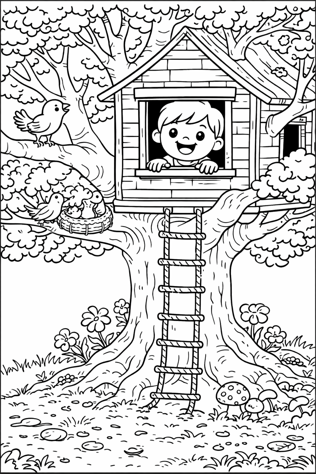 A coloring page showing a child in a treehouse with birds, a rope ladder, flowers, and mushrooms in a forest setting. The joyful scene invites children to use their creativity to add color and bring the adventure to life.