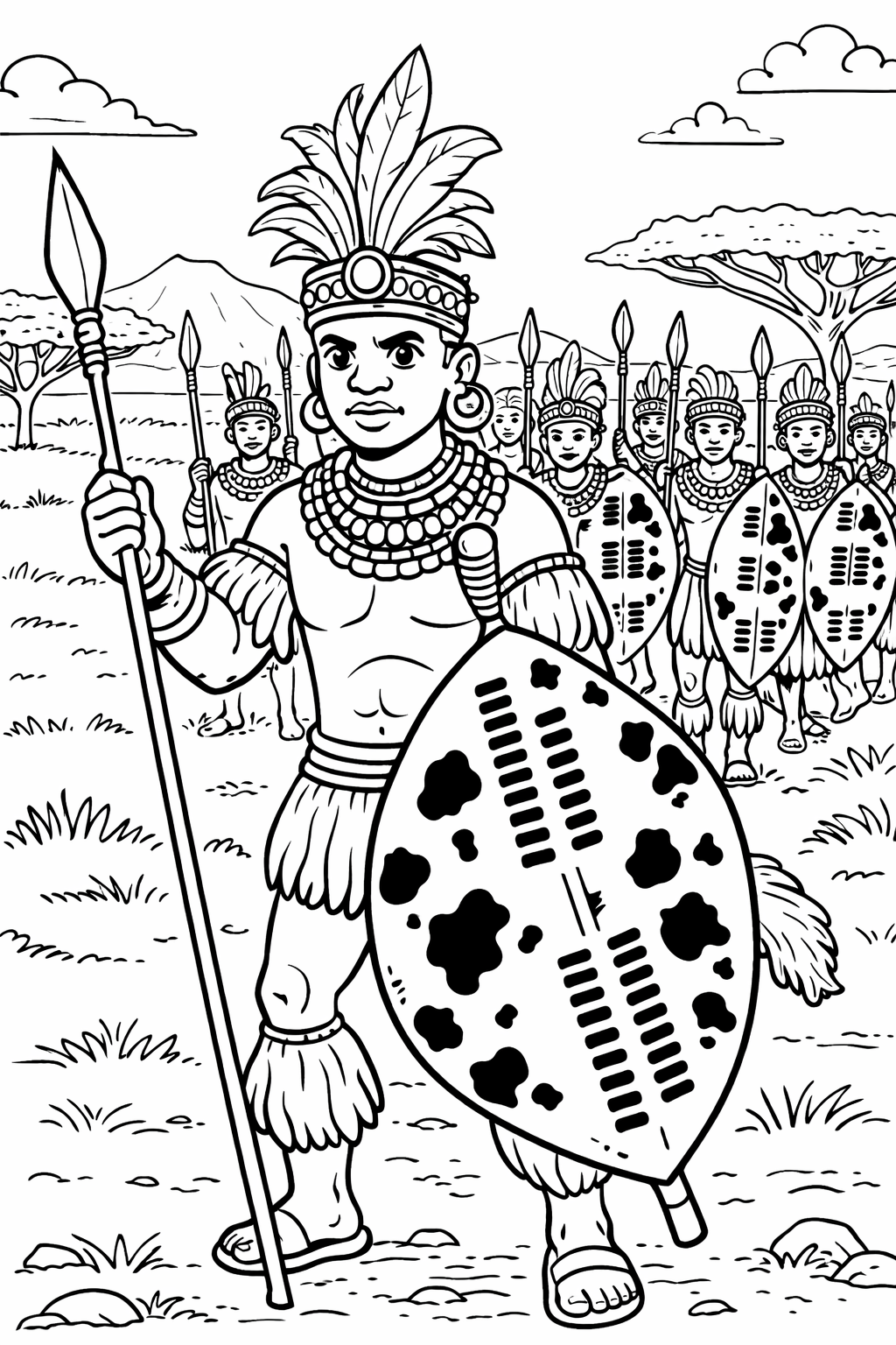 A tribal warrior in traditional attire with a spear and shield leading a group of warriors. The background features trees and mountains, offering a vibrant cultural scene for children to color.
