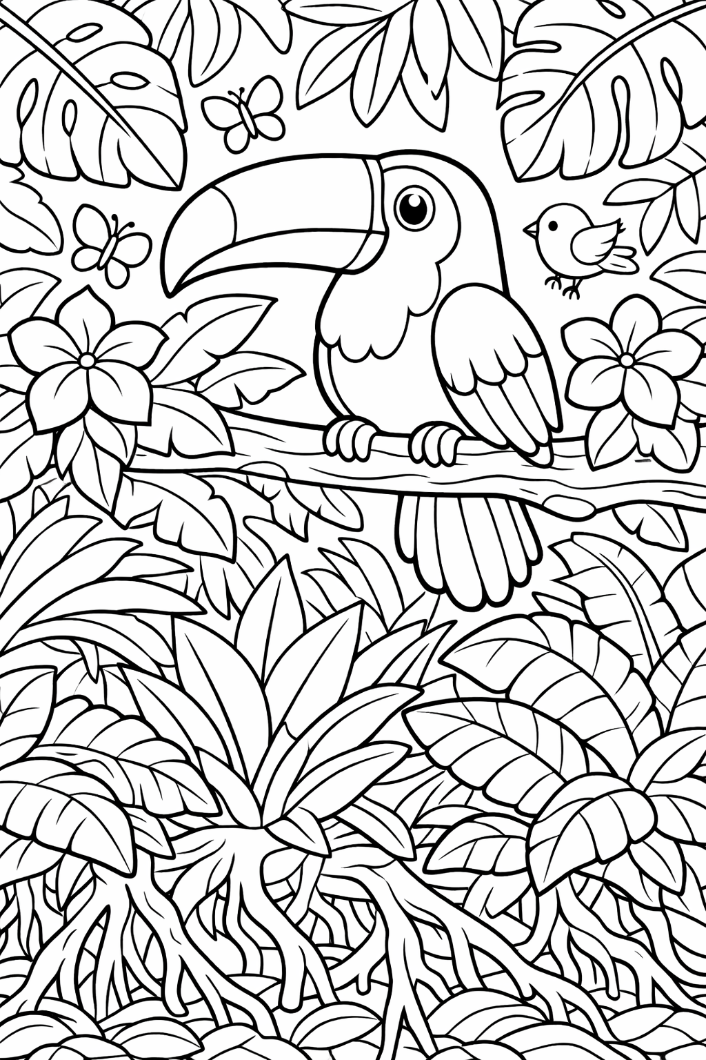 A tropical toucan sits on a branch amid jungle plants and butterflies, providing a vibrant and engaging scene for coloring with intricate details and natural elements.