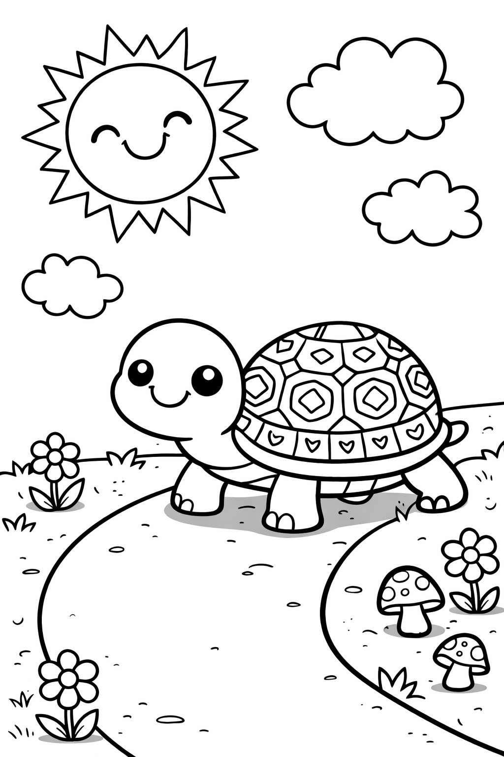 A charming turtle on a path with a smiling sun and fluffy clouds above. Flowers and mushrooms surround the turtle, creating a lively scene for children to color and enjoy.