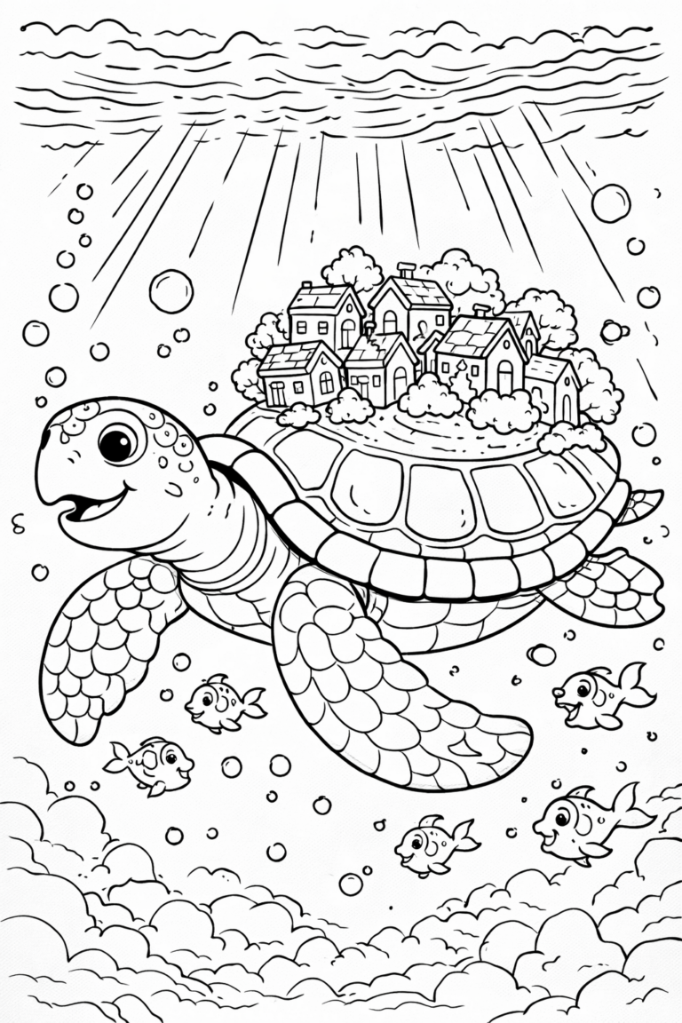 Beautiful coloring page features a joyful turtle carrying a small village on its shell, complete with tiny houses and lush trees. The underwater setting includes cheerful fish and bubbles, providing an engaging activity for kids to explore their creativity.
