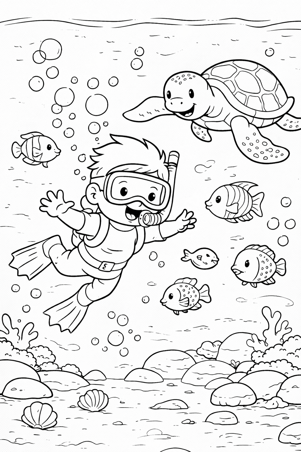 A delightful underwater scene featuring a snorkeler child surrounded by happy fish and a smiling turtle. Perfect for coloring and exploring the beauty of ocean life with vibrant colors and diverse marine animals.