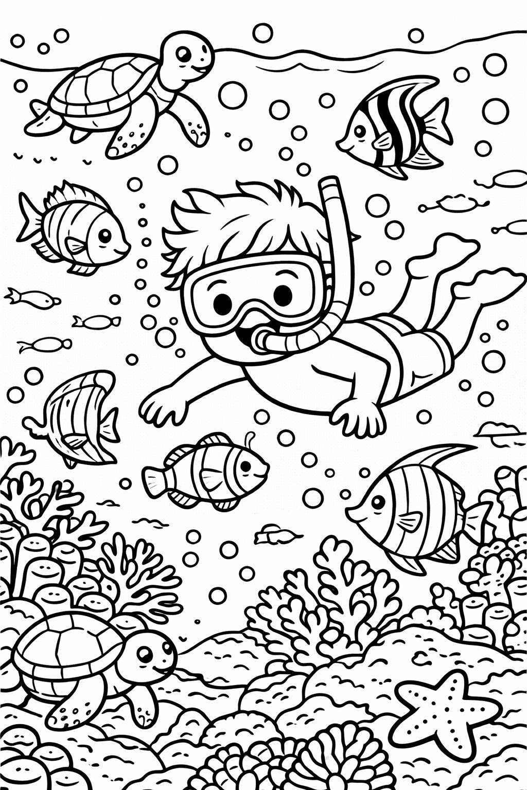 Children's coloring page depicting a young snorkeler surrounded by sea creatures, including turtles and various fish, with colorful coral in the ocean.