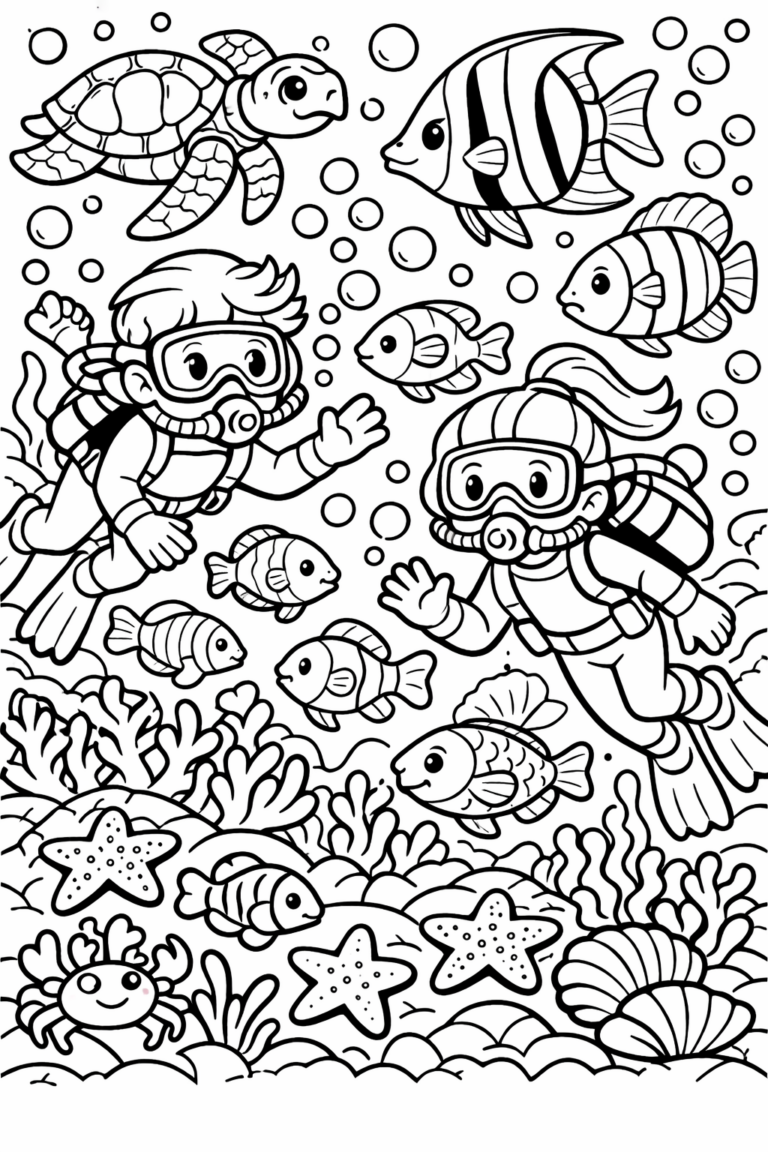 Children swim underwater surrounded by various sea creatures like fish, turtles, and starfish. Coral and bubbles fill the vibrant ocean scene, inviting young artists to explore and color.