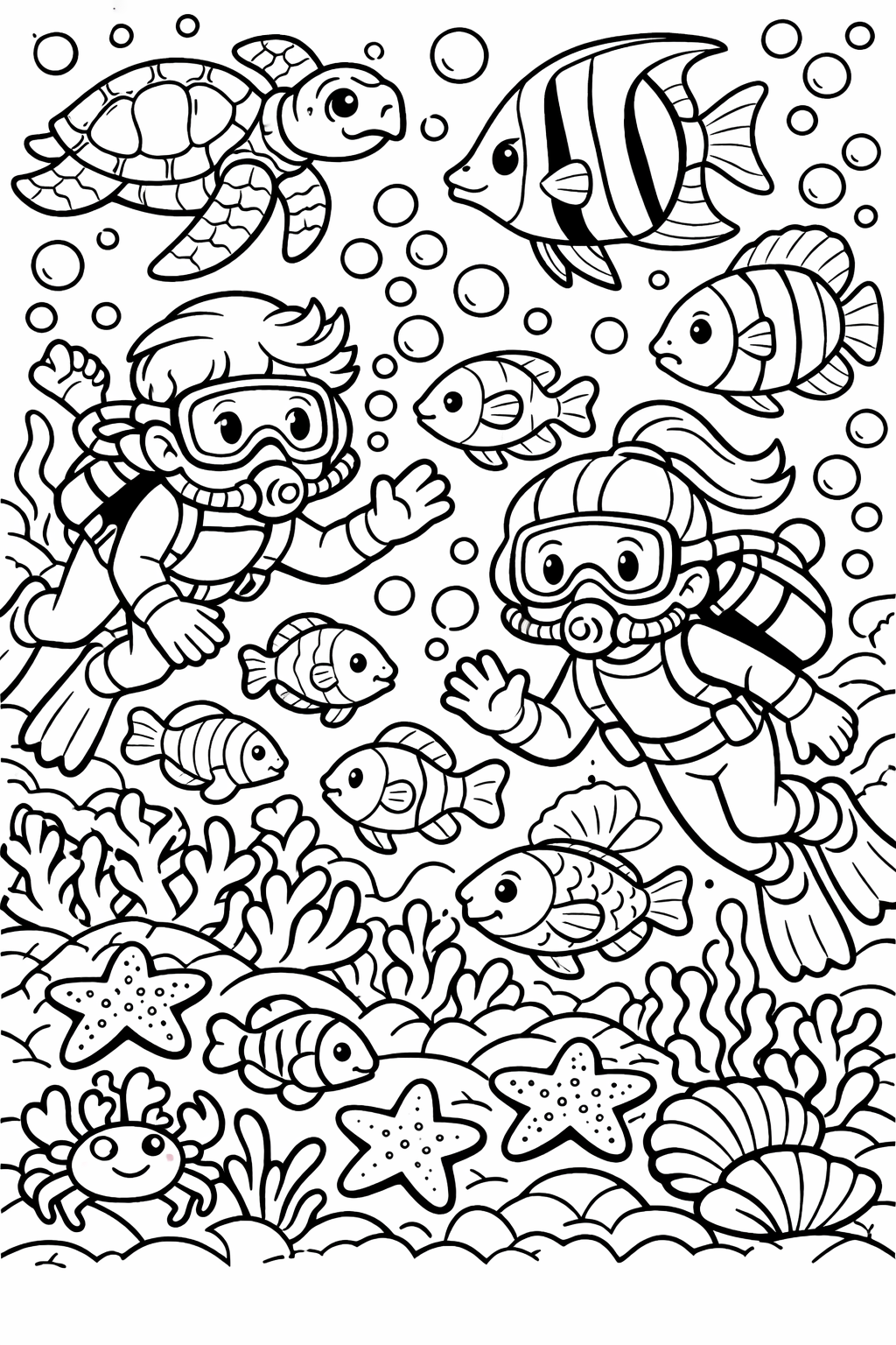 Children swim underwater surrounded by various sea creatures like fish, turtles, and starfish. Coral and bubbles fill the vibrant ocean scene, inviting young artists to explore and color.