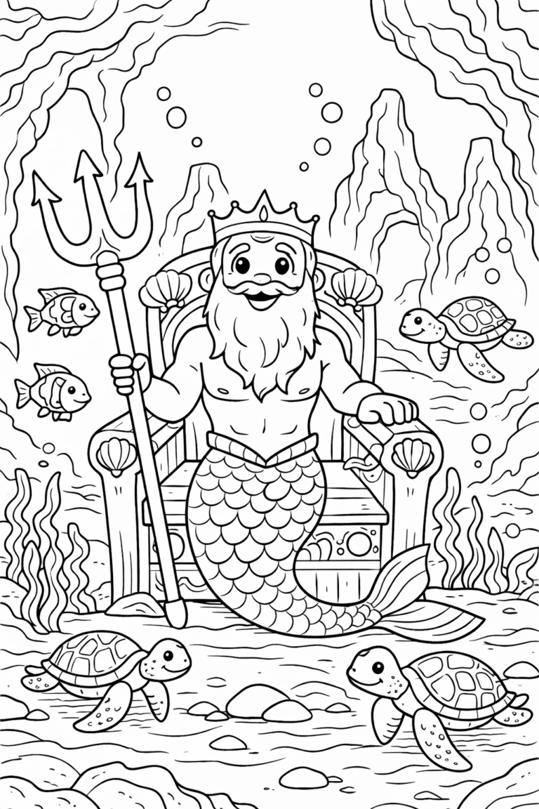 Coloring page of an underwater king with a crown on a throne, holding a trident and surrounded by marine animals like turtles and fish. The scene includes coral and seaweed elements for an enchanting underwater kingdom.