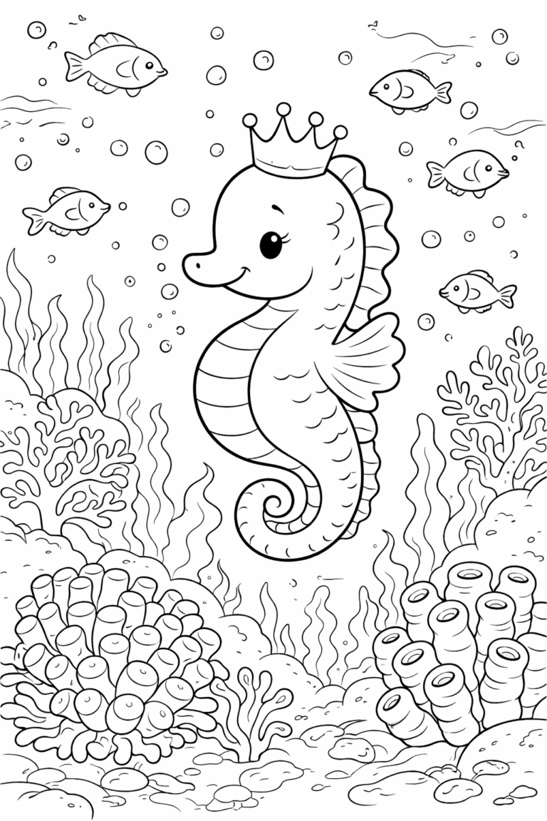 An adorable seahorse wearing a crown amidst an underwater scene, surrounded by fish and lively coral reefs. Perfect for children's coloring activities, this page captures the enchanting ocean world with its playful marine life.