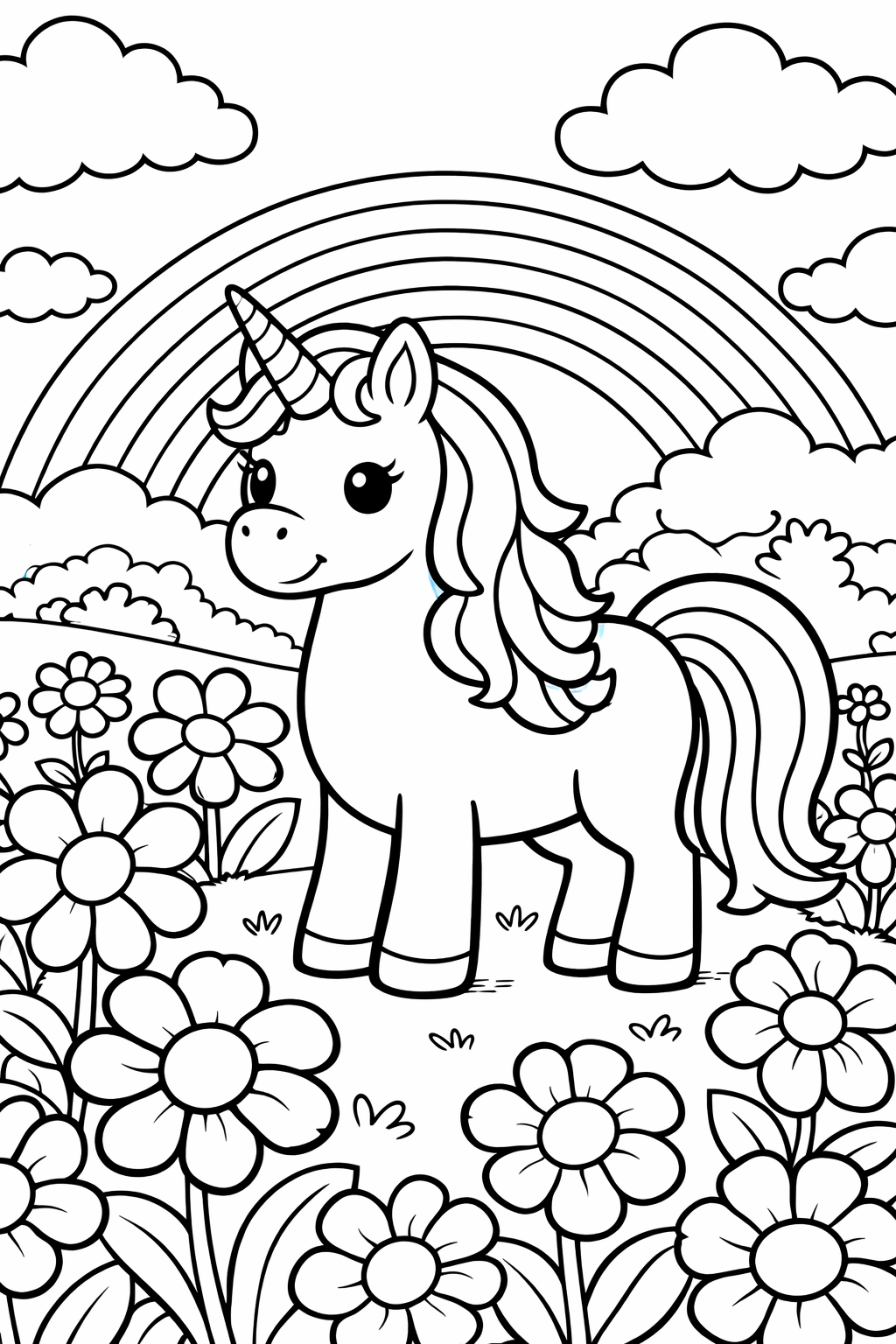 A delightful unicorn stands amidst vibrant flowers with a rainbow in the background. This magical scene is ideal for children to color and explore their creativity.
