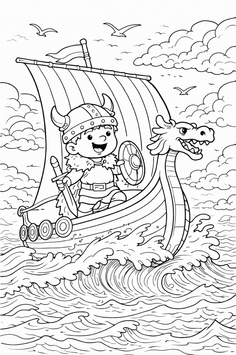A young Viking on a dragon-headed ship, sailing through the ocean waves. The Viking wears a horned helmet and grips a shield while surrounded by clouds and sea birds, perfect for coloring.