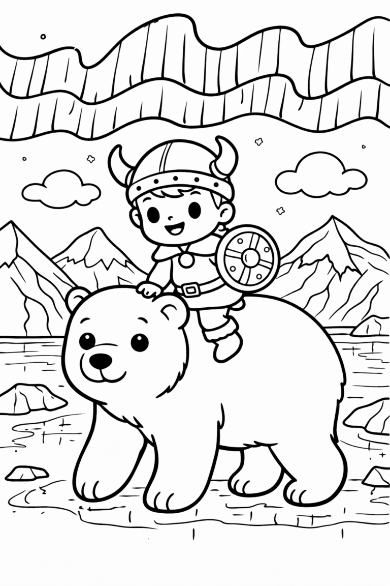Young Viking child on a smiling bear in a mountainous snowy landscape with a dramatic sky, ideal for interactive coloring.