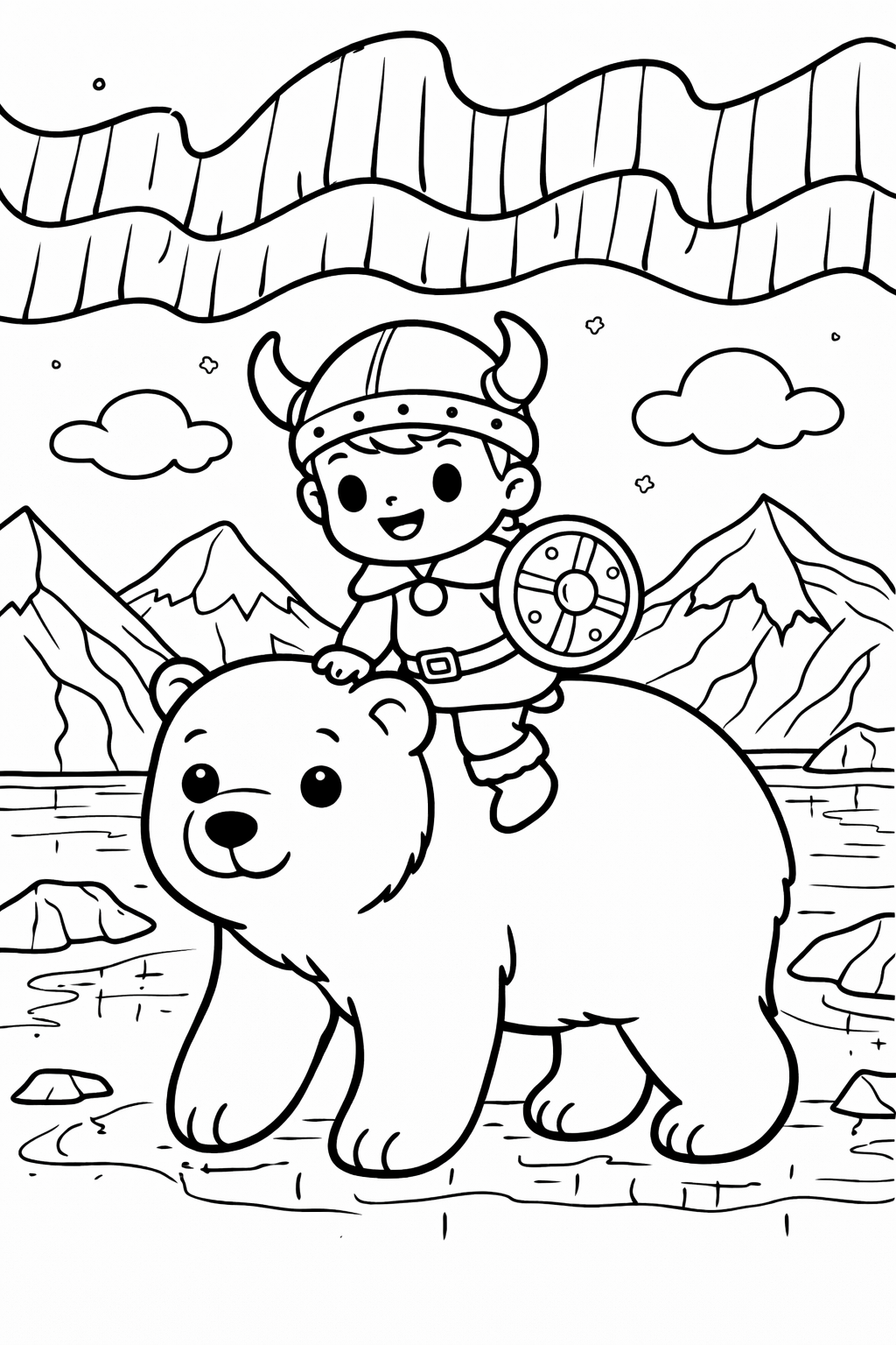 Young Viking child on a smiling bear in a mountainous snowy landscape with a dramatic sky, ideal for interactive coloring.