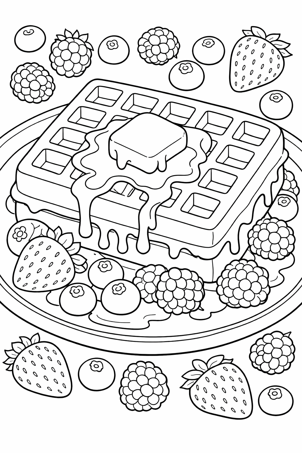 A children's coloring page featuring a waffle topped with syrup and surrounded by berries. Kids can color strawberries, blueberries, and raspberries in vibrant hues. The detailed waffle grid and flowing syrup offer a fun and engaging coloring experience.
