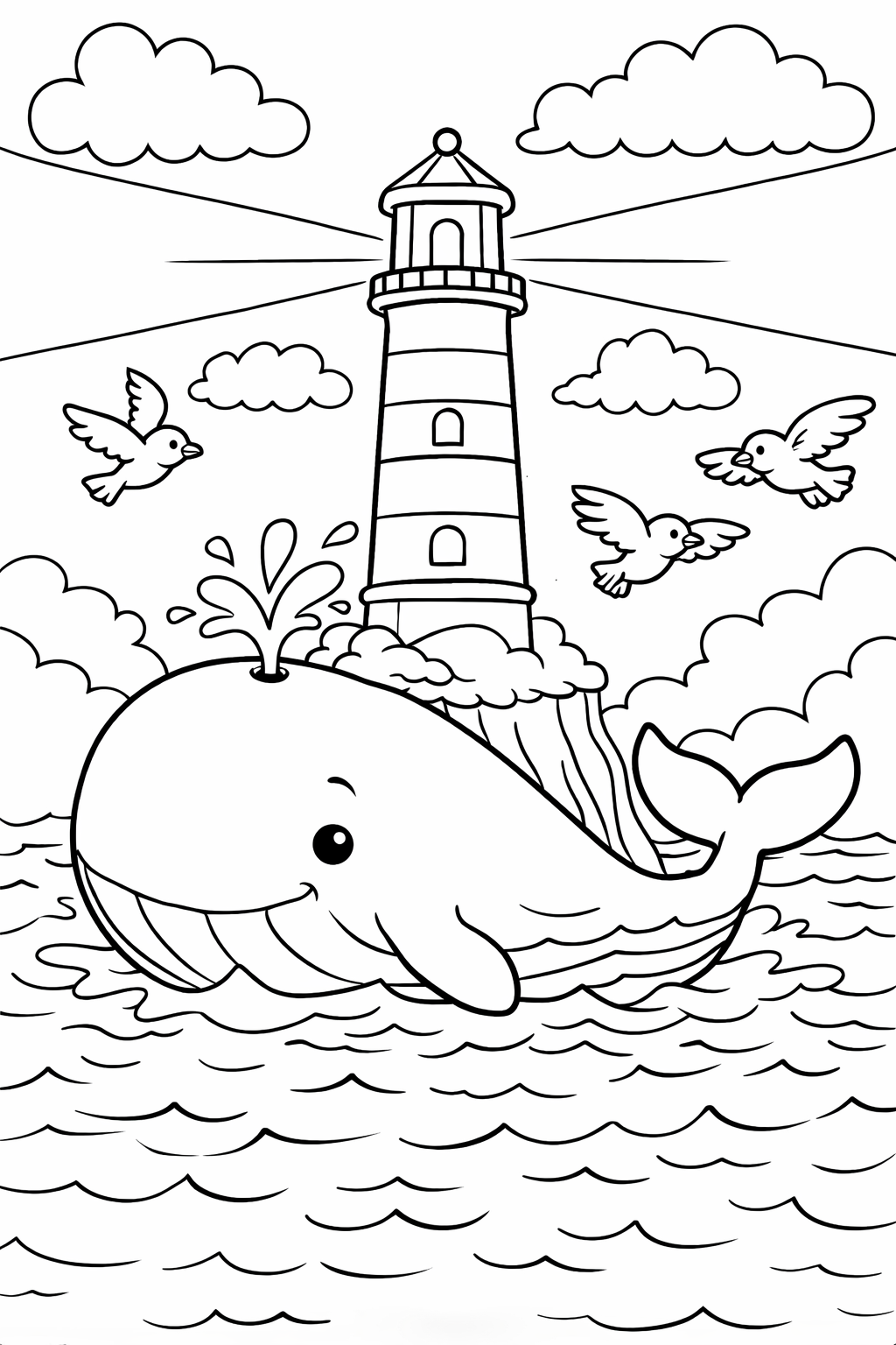 A charming coloring page depicting a happy whale with a lighthouse in the background and seagulls flying overhead. The scene captures a playful marine environment perfect for children to color and enjoy.