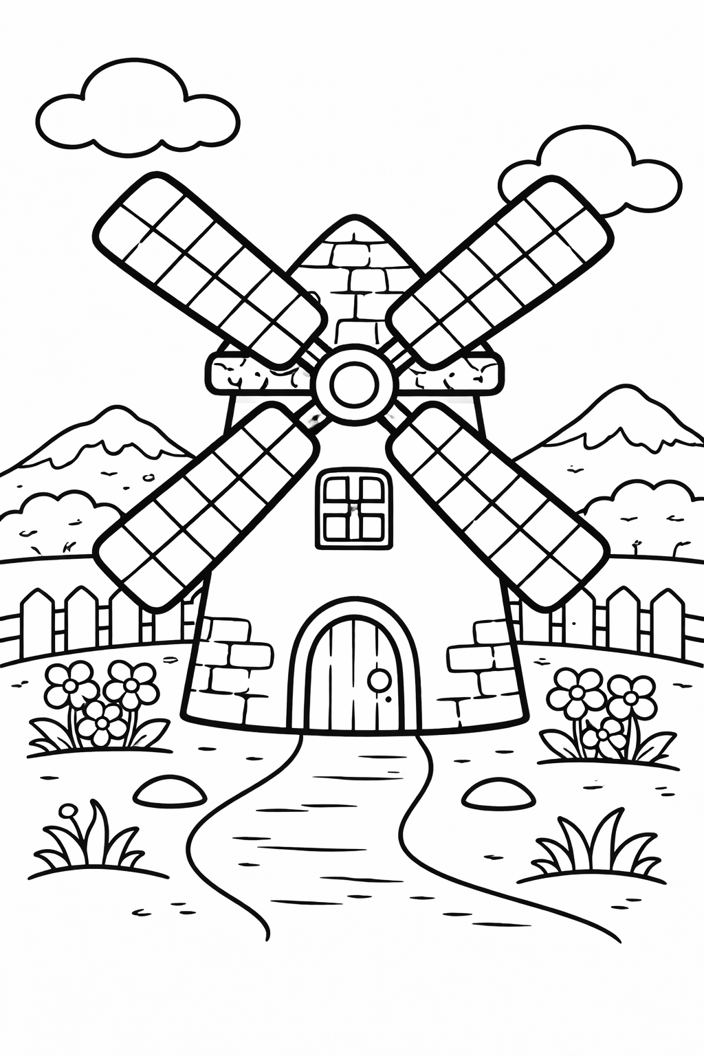 A detailed coloring page featuring a windmill with surrounding flowers, hills, and clouds. Perfect for children to color and explore their creativity in a serene landscape setting.