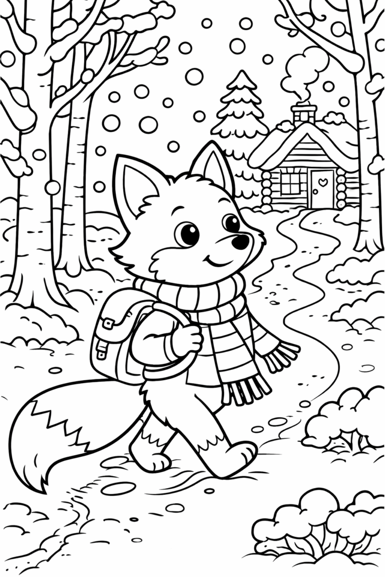 A charming coloring page showing a fox with a backpack and scarf walking through a snowy winter forest. Behind the fox, a snow-covered cabin with smoke curling from the chimney is nestled among trees, creating a delightful scene for children to color.