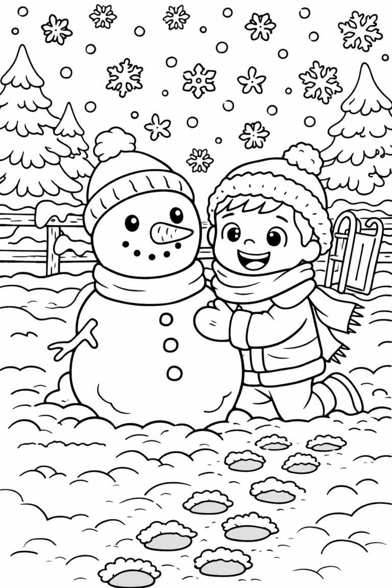 A cheerful coloring page showing a child building a snowman in a snowy landscape with snowflakes and pine trees in the background, perfect for kids to color.