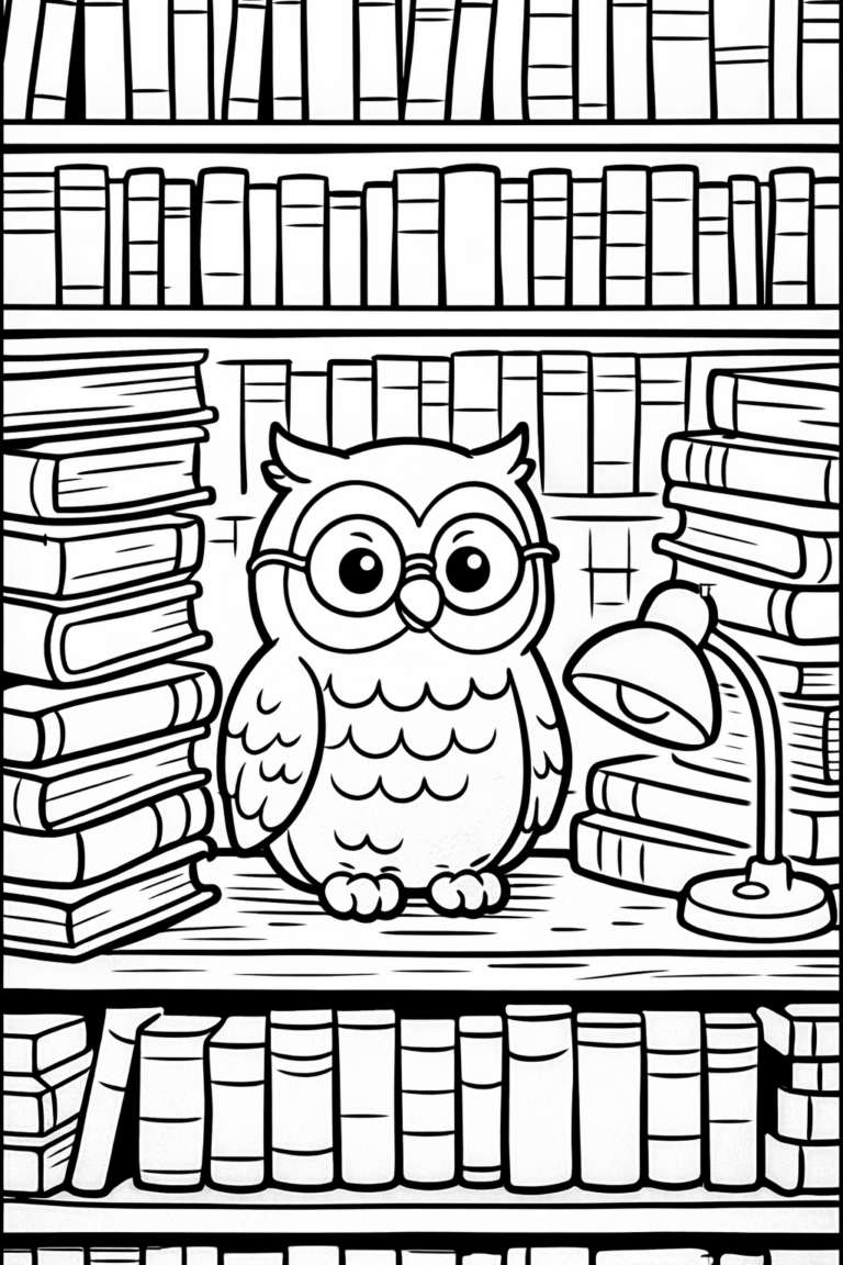 A charming owl with glasses sits in a cozy library, surrounded by stacks of books and a small lamp. This coloring page invites children to explore their creativity by filling in the detailed shelves and the wise, book-loving owl.