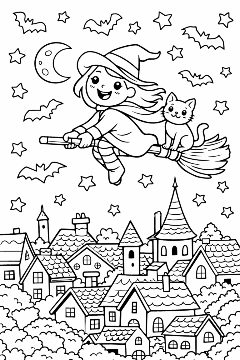 A smiling witch with a cat flying on a broomstick under a starry night sky over village rooftops. Bats and stars fill the background, creating a whimsical scene.