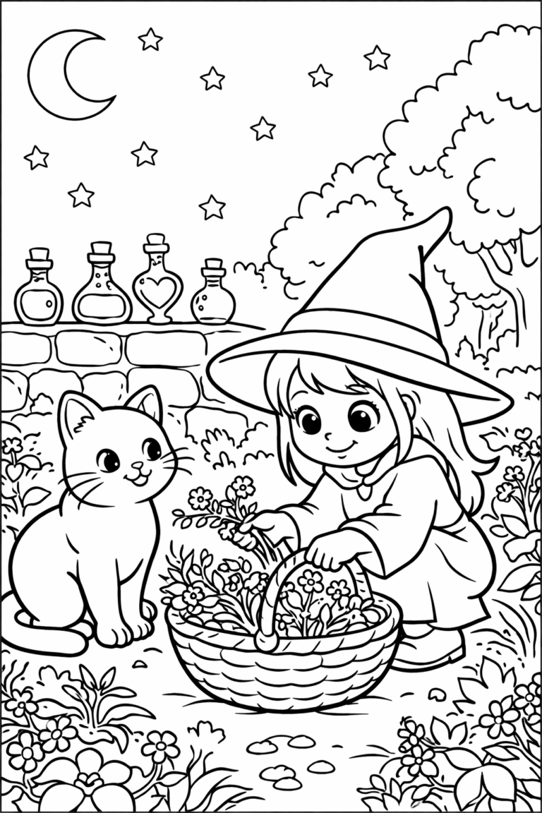 A young witch with a pointed hat gathers flowers in a garden accompanied by a friendly cat. The night sky is decorated with stars and a crescent moon, creating a magical atmosphere perfect for coloring.
