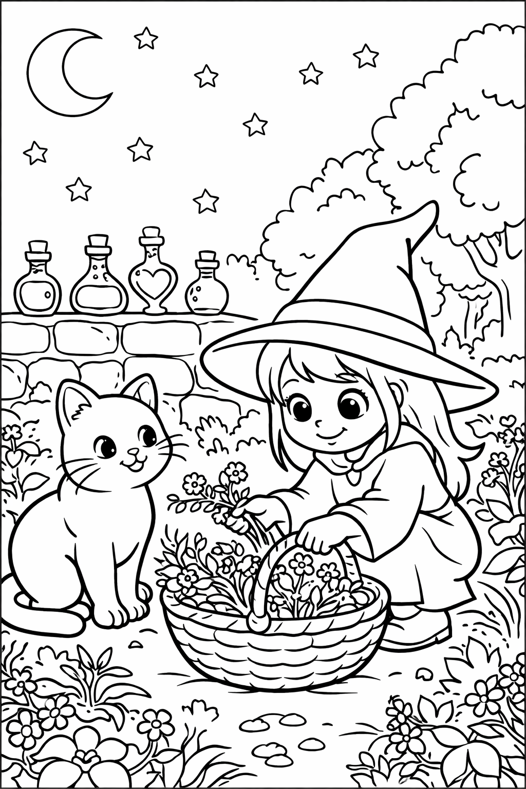 A young witch with a pointed hat gathers flowers in a garden accompanied by a friendly cat. The night sky is decorated with stars and a crescent moon, creating a magical atmosphere perfect for coloring.